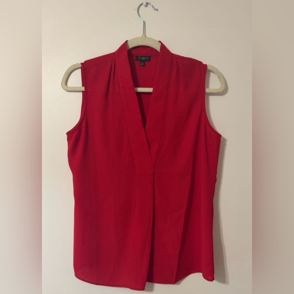 Talbots Women’s Small Petite Sp Red Sleeveless Faux Wrap Blouse Top EUC!